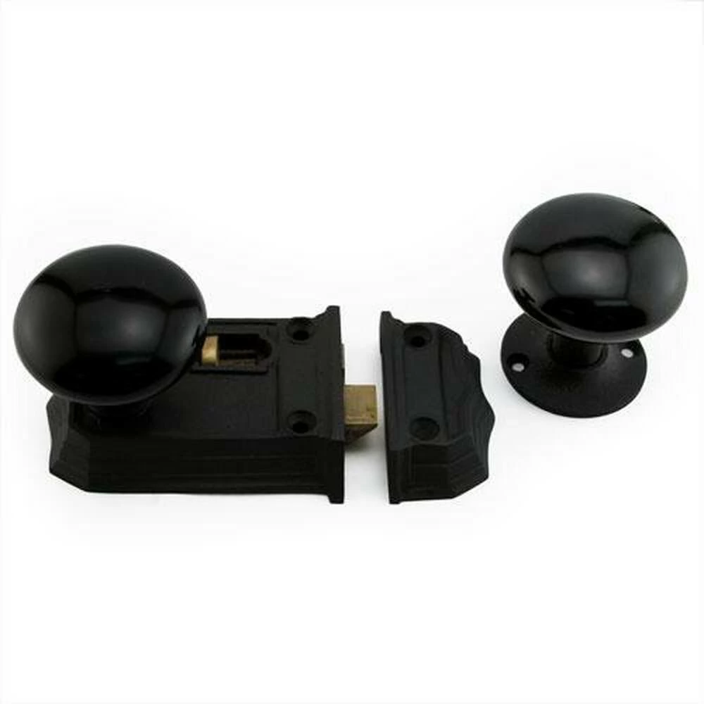 Signature Hardware Small Iron and Solid Brass Privacy Rim Lock with Left Hand Knob in Black