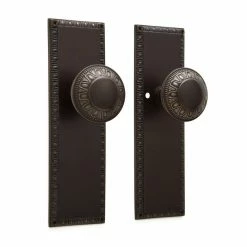 Signature Hardware Egg & Dart 8-1/4 in. Brass Privacy Door Set Knob 2-3/8 in. Backset in Antique Brass