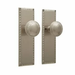 Signature Hardware Egg & Dart 8-1/4 in. Brass Privacy Door Set Knob 2-3/8 in. Backset in Brushed Nickel