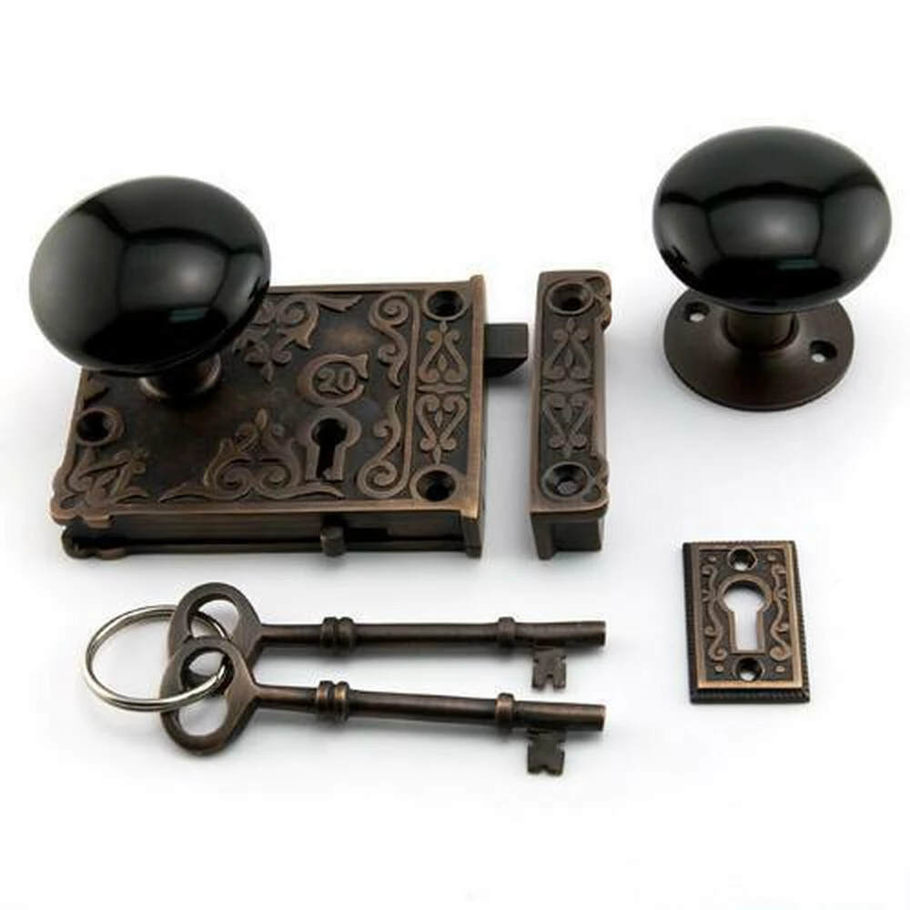 Signature Hardware Ornate Brass Privacy Rim Lock Set with Left Hand Knob in Black with Oil Rubbed Bronze