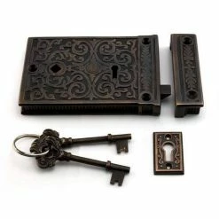 Signature Hardware Damask Brass Rim Lock Set with White Porcelain Knobs Left Hand in Oil Rubbed Bronze