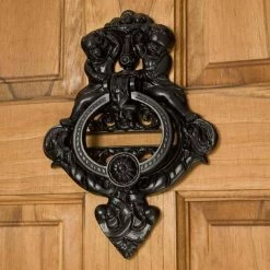 Signature Hardware Cherubs 7 in. Cast Iron Door Knocker in Matte Black Powder Coat