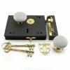 Signature Hardware Carpenter's Cast Iron Rim Lock Set with Porcelain Knobs Right Hand in Polished Brass