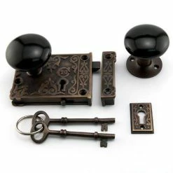 Signature Hardware Ornate Brass Rim Lock Set with Black Porcelain Knobs Right Hand in Oil Rubbed Bronze