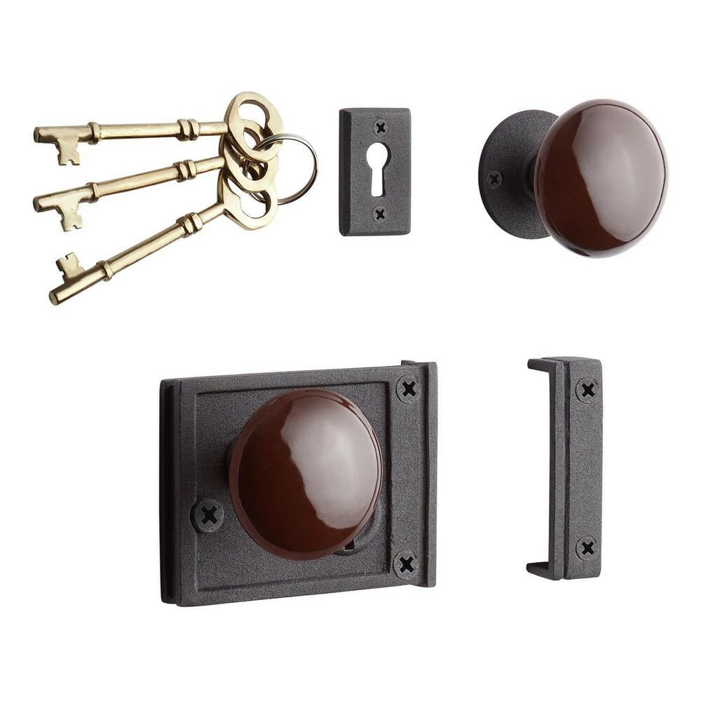 Signature Hardware Horizontal Iron Rim Lock Set with Brown Porcelain Knobs Left Hand in Black Powder Coat