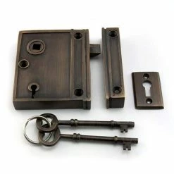 Signature Hardware Vertical Solid Brass Privacy Rim Lock Set with Right Hand Knob in Oil Rubbed Bronze