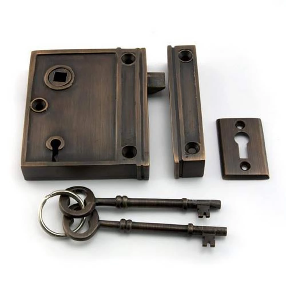 Signature Hardware Vertical Solid Brass Privacy Rim Lock Set with Right Hand Knob in Oil Rubbed Bronze