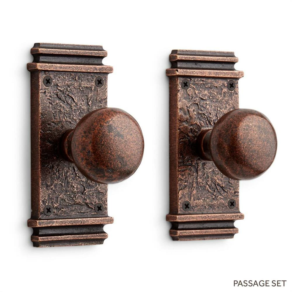 Signature Hardware Griggs 5-7/8 in. Brass Passage Door Set Knob 2-3/8 in. Backset in Antique Brass