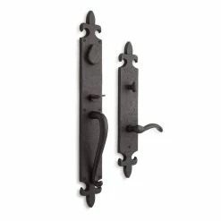 Signature Hardware Cousteau Bronze Fleur de Lis Entrance Door Set with Lever Handle in Antique Pewter