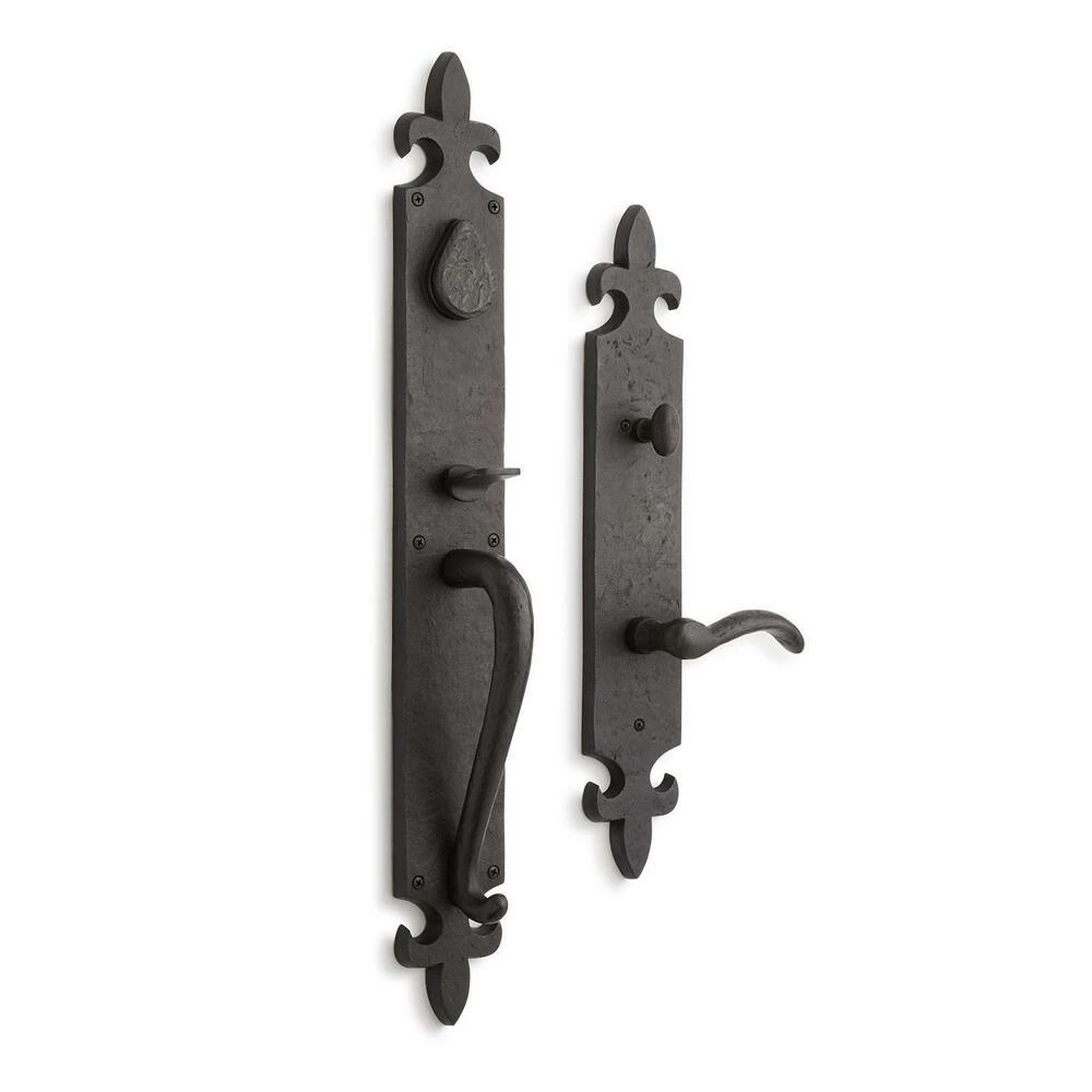 Signature Hardware Cousteau Bronze Fleur de Lis Entrance Door Set with Lever Handle in Antique Pewter