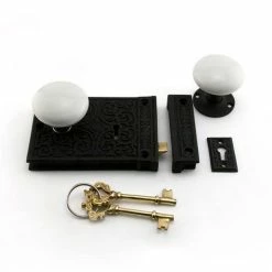 Signature Hardware Damask Iron Rim Lock Set with White Porcelain Knobs Left Hand in Black Powder Coat