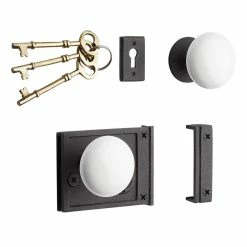 Signature Hardware Horizontal Iron Rim Lock Set with Porcelain Knobs Left Hand in Black Powder Coat