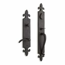 Signature Hardware Cousteau Bronze Fleur de Lis Entrance Door Set with Lever Handle in Antique Pewter