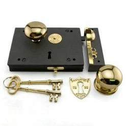 Signature Hardware Carpenter's Brass Rim Lock Set with Brass Knobs Left Hand in Polished Brass