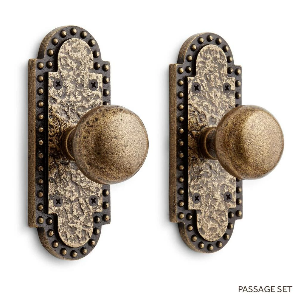 Signature Hardware Marconi 6-5/8 in. Brass Passage Door Set Knob 2-3/4 in. Backset in Satin Brass Passage