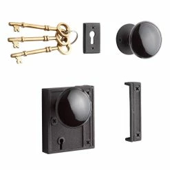 Signature Hardware Vertical Iron Privacy Rim Lock Set with Right Hand Knob in Black with Black Powder Coat