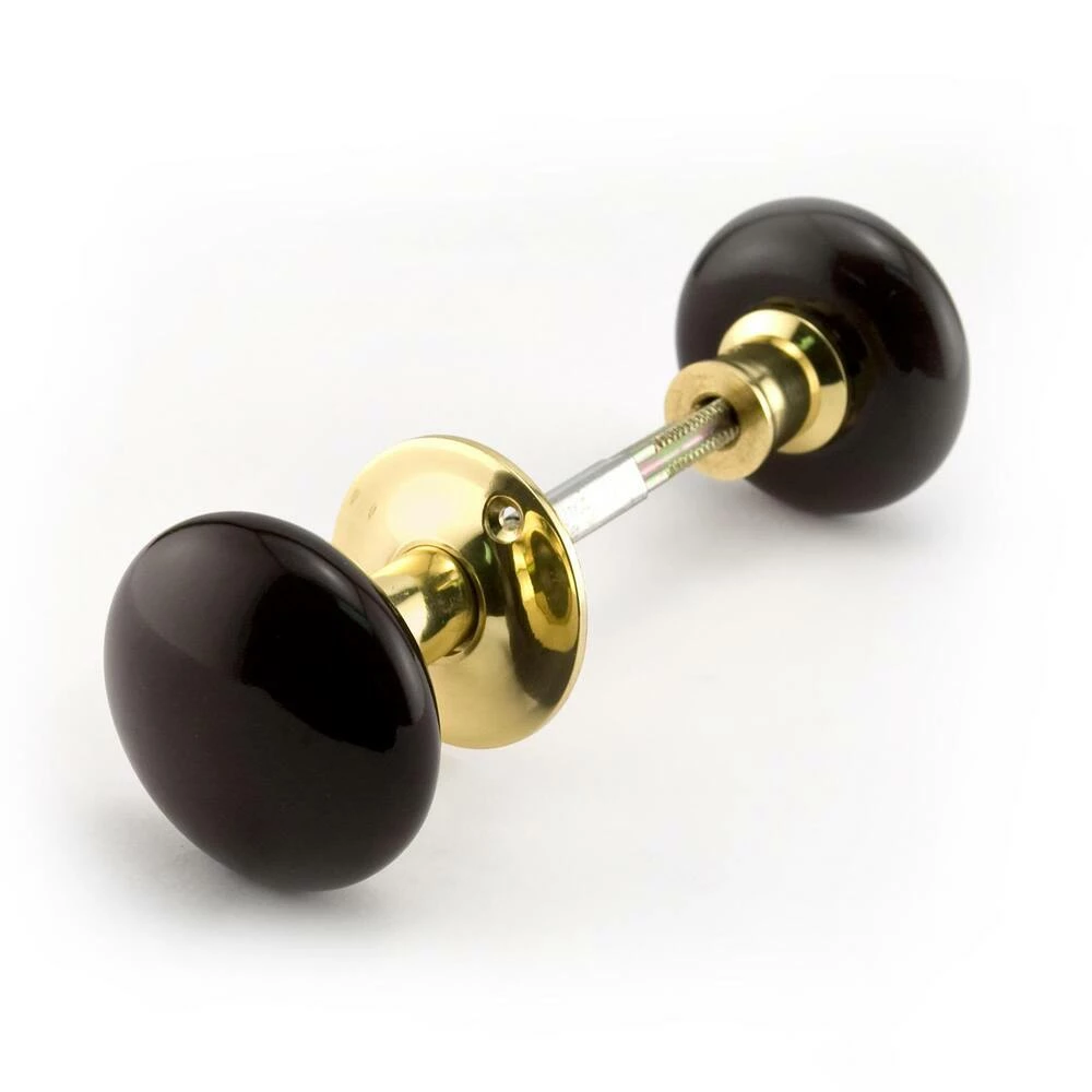 Signature Hardware Horizontal Brass Rim Lock Set with Brown Porcelain Knobs Left Hand in Polished Brass - Image 2