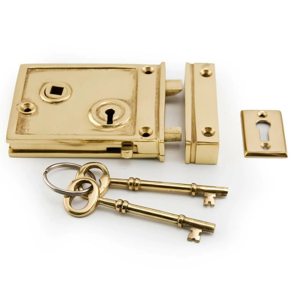 Signature Hardware Horizontal Brass Rim Lock Set with Brown Porcelain Knobs Left Hand in Polished Brass - Image 3
