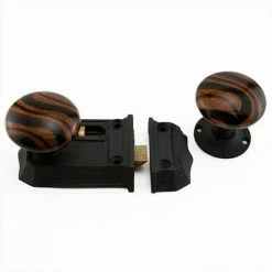 Signature Hardware Small Iron and Solid Brass Privacy Rim Lock with Left Hand Knob in Striped Brown with Black