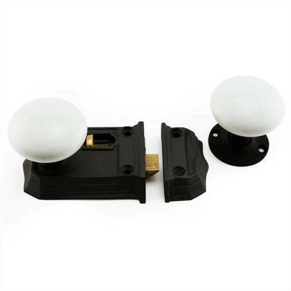 Signature Hardware Small Iron and Solid Brass Privacy Rim Lock with Right Hand Knob in Black Powder Coat